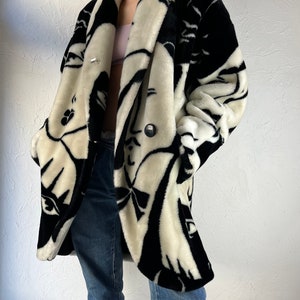 80s 'Donny Brook' Faux Fur Art Deco Picasso Black and White Faces Coat / One Size image 3