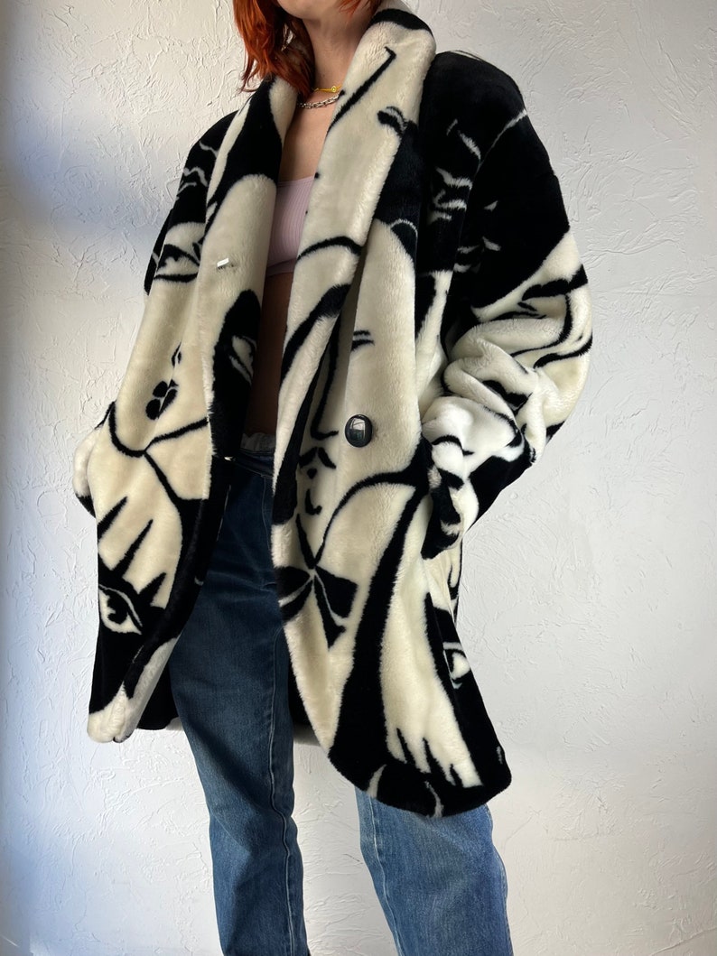 80s 'Donny Brook' Faux Fur Art Deco Picasso Black and White Faces Coat / One Size image 3