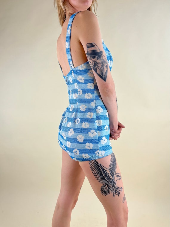 60s 70s Blue Floral Playsuit Swimsuit - image 4