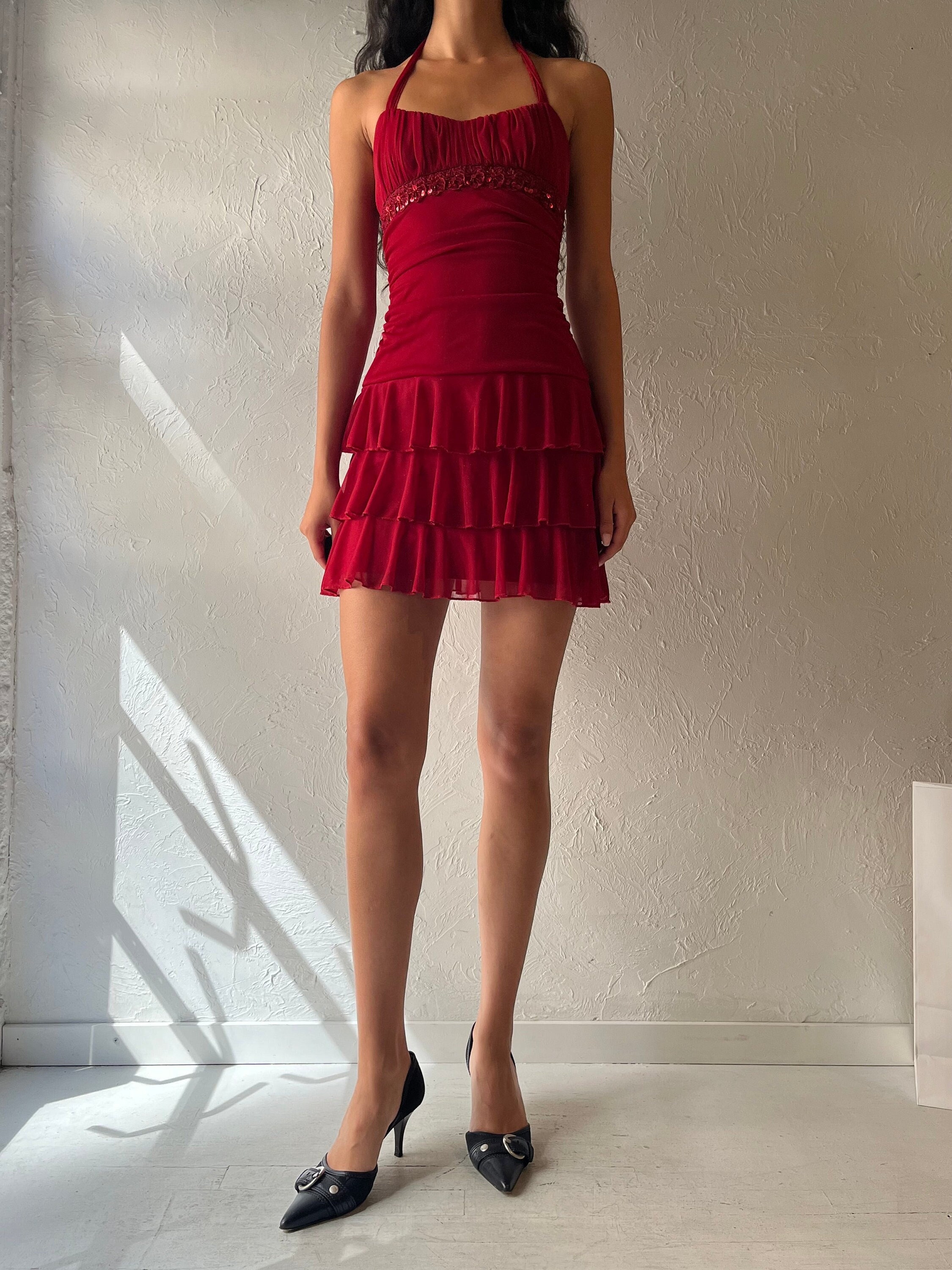 90s 'city Triangles' Red Sparkly Halter Mini Dress / Small