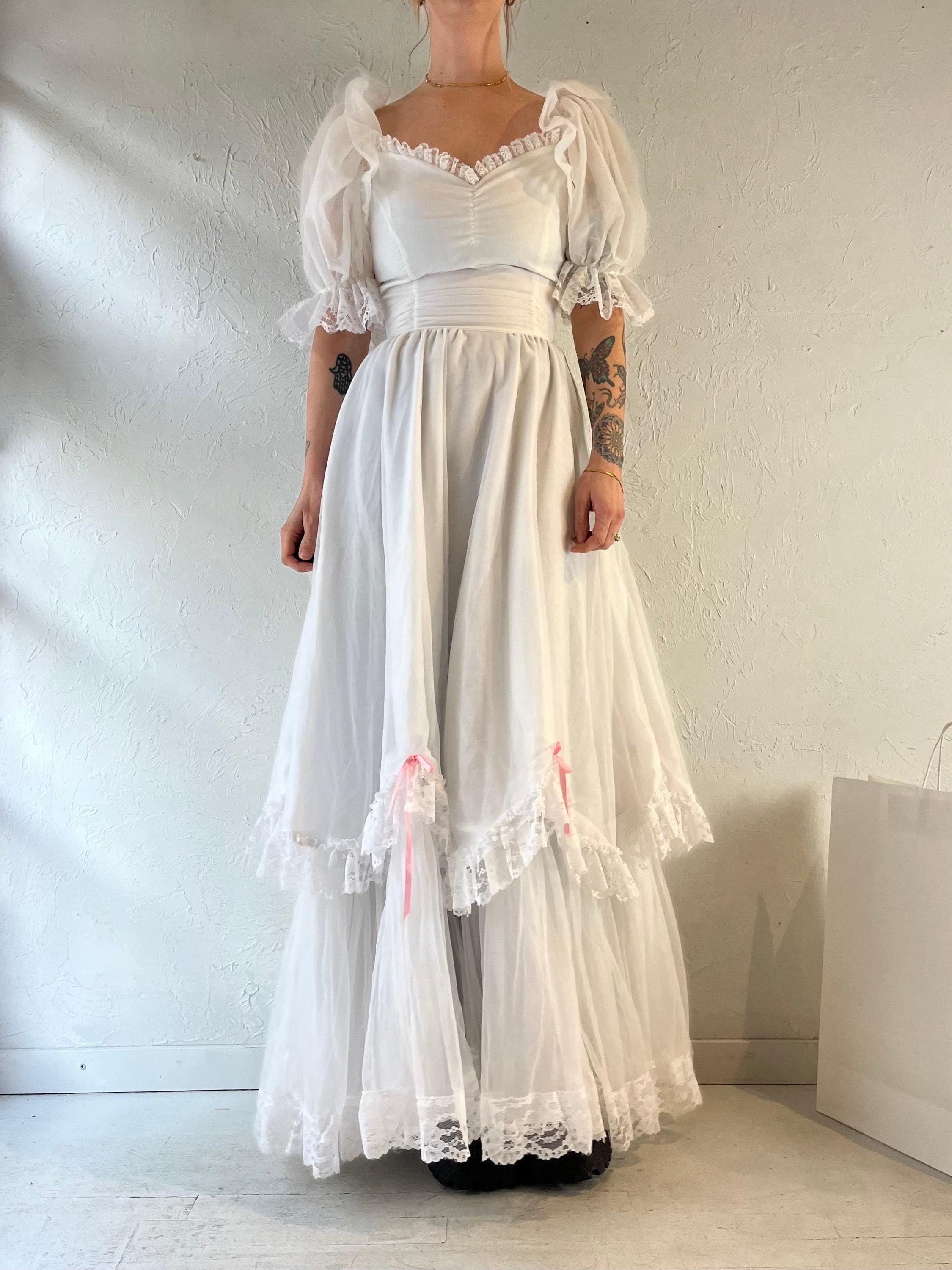 70s White Puff Sleeve Romantic Maxi Dress / Small