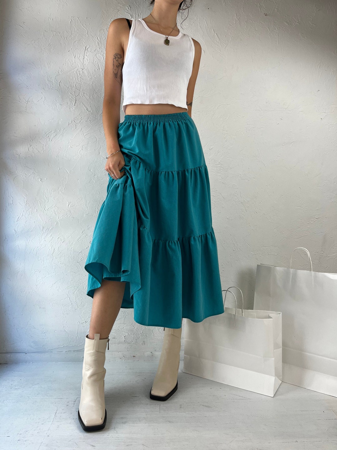 90s Teal Blue Peasant Skirt / Small Etsy