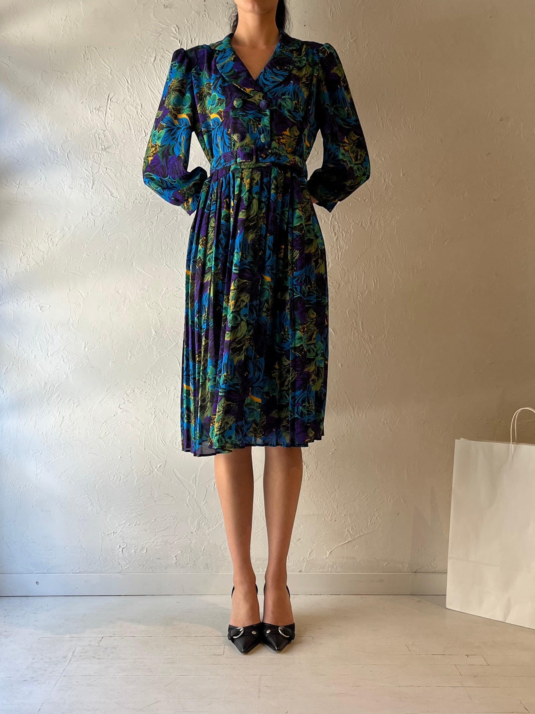 80年代「レスリー・ベル」ブルーロングスリーブミディドレス