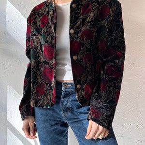 90s 'Alia' Velvet Floral Print Jacket / Large