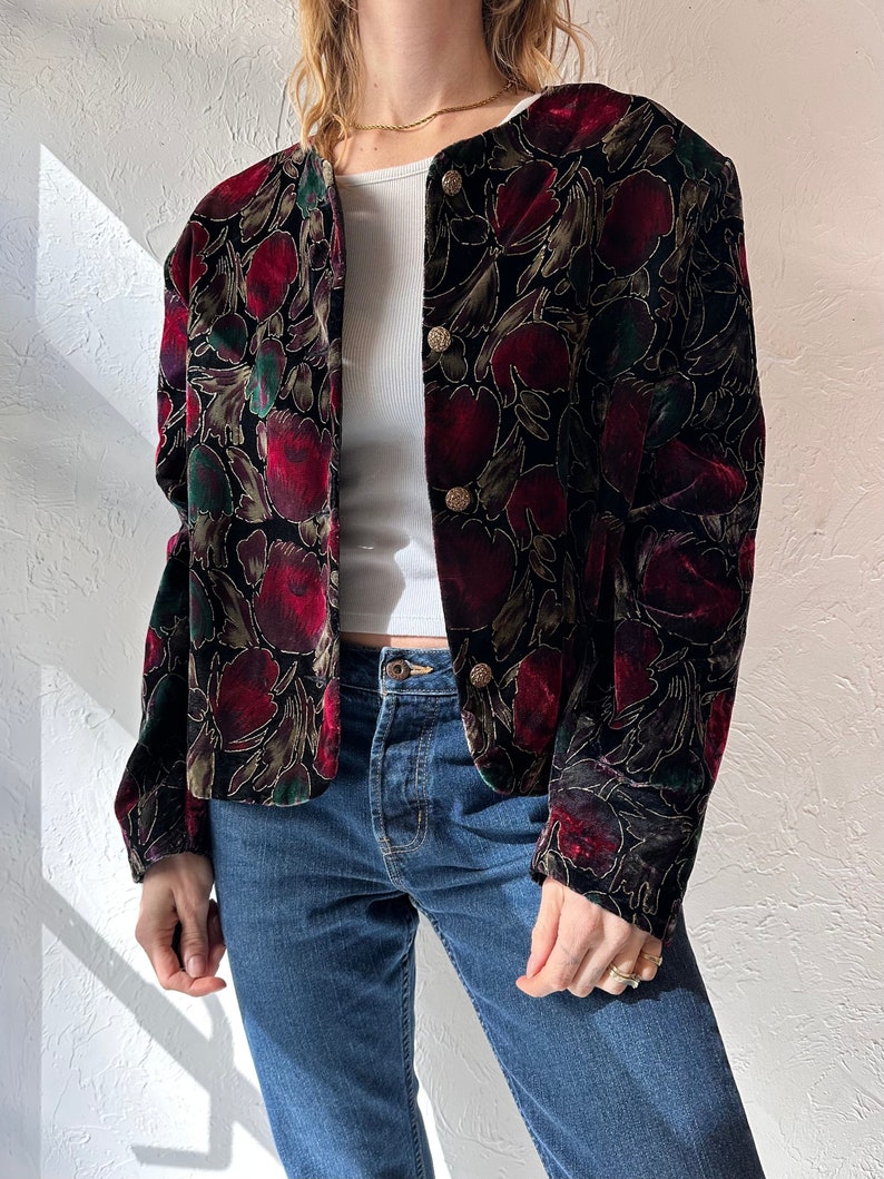 90s 'Alia' Velvet Floral Print Jacket / Large