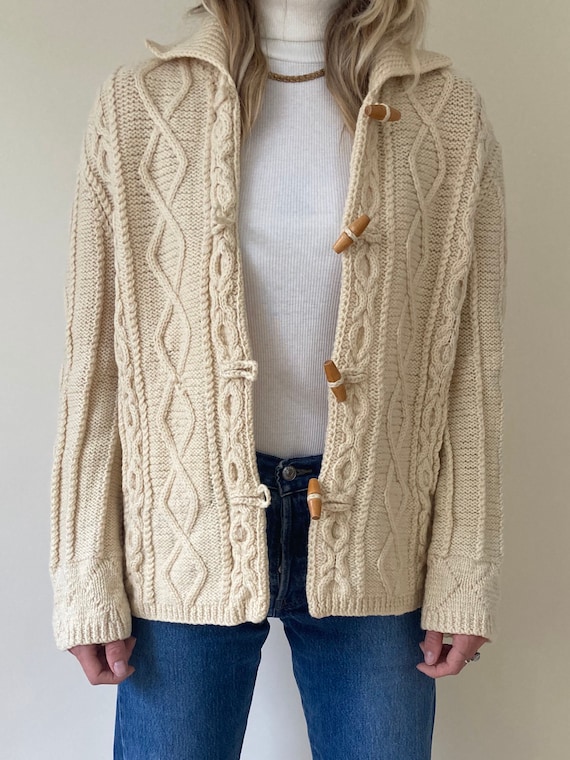 70s Cream Knit Cardigan // Hand Knit Sweater w/ Wo