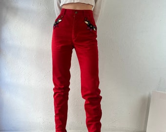 90s 'Escada' Red Beaded Jeans / Small