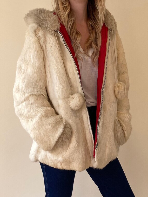 90s White Authentic Hooded Fur Jacket // Vintage L