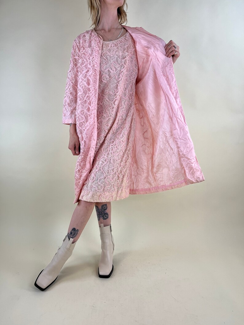 60s Pink Lace Two-Piece Dress and Coat Set / Small Medium image 7