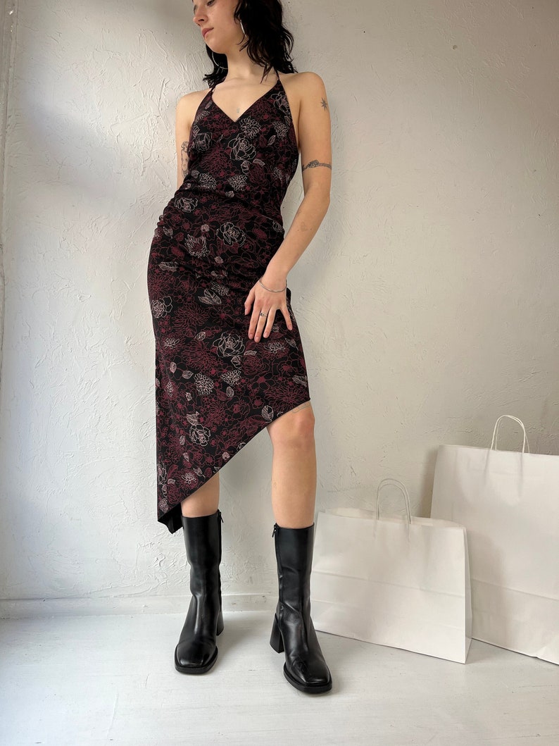 Y2k ' Le Chateau' Burgundy Floral Halter Midi Dress / Large image 1