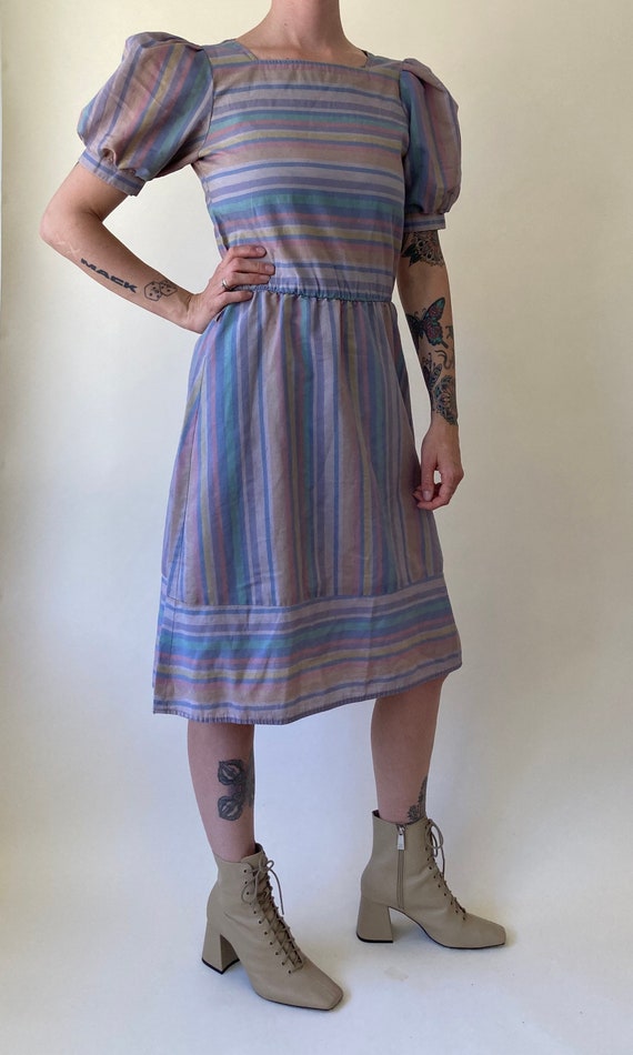 80s Striped Puff Sleeve Dress // Small