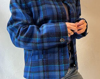 80s 'pendleton' Blue Plaid Knit Wool Jacket / Large - Etsy