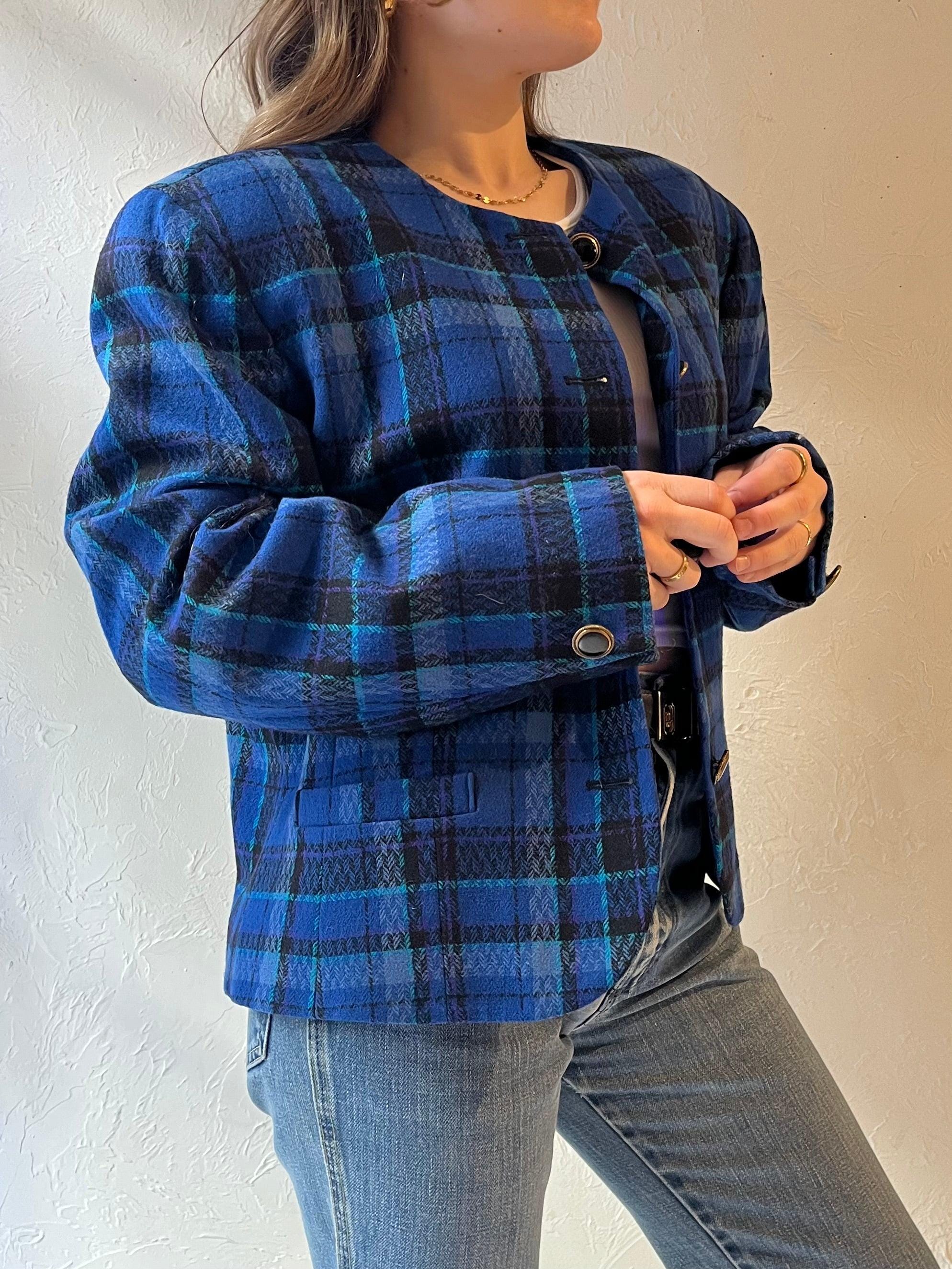 80s 'pendleton' Blue Plaid Knit Wool Jacket / Large - Etsy