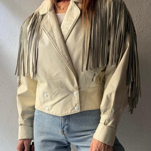 90s 'The Leather Ranch' White Leather Fringe Western Bomber Jacket / Vintage 1990s Retro Cowgirl Cropped Jacket / Small