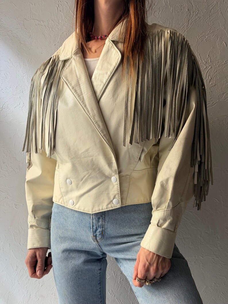 90s 'The Leather Ranch' White Leather Fringe Western Bomber Jacket / Vintage 1990s Retro Cowgirl Cropped Jacket / Small