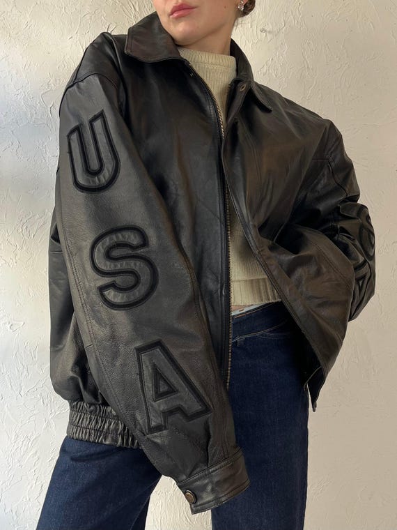 90s 'USA' Black Leather Bomber Jacket / XL - Etsy