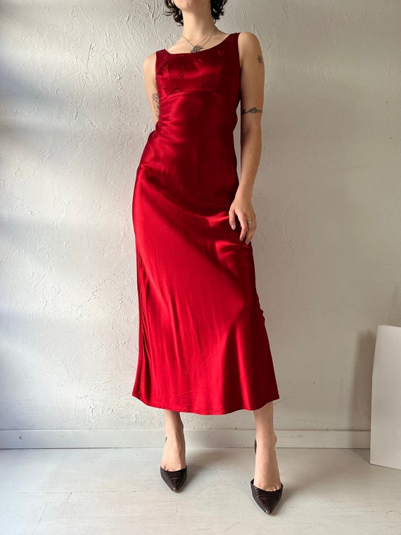 90s 'Rampage' Red Silky Evening Dress / Small - image 2