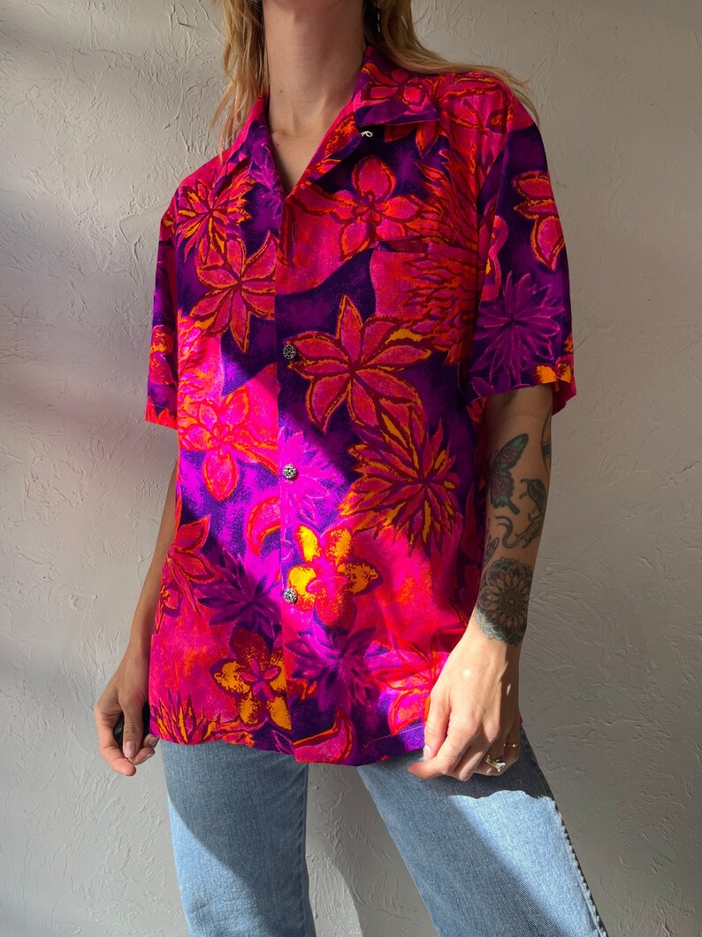 70s 'Tia' Pink Floral Button Up Shirt / Medium