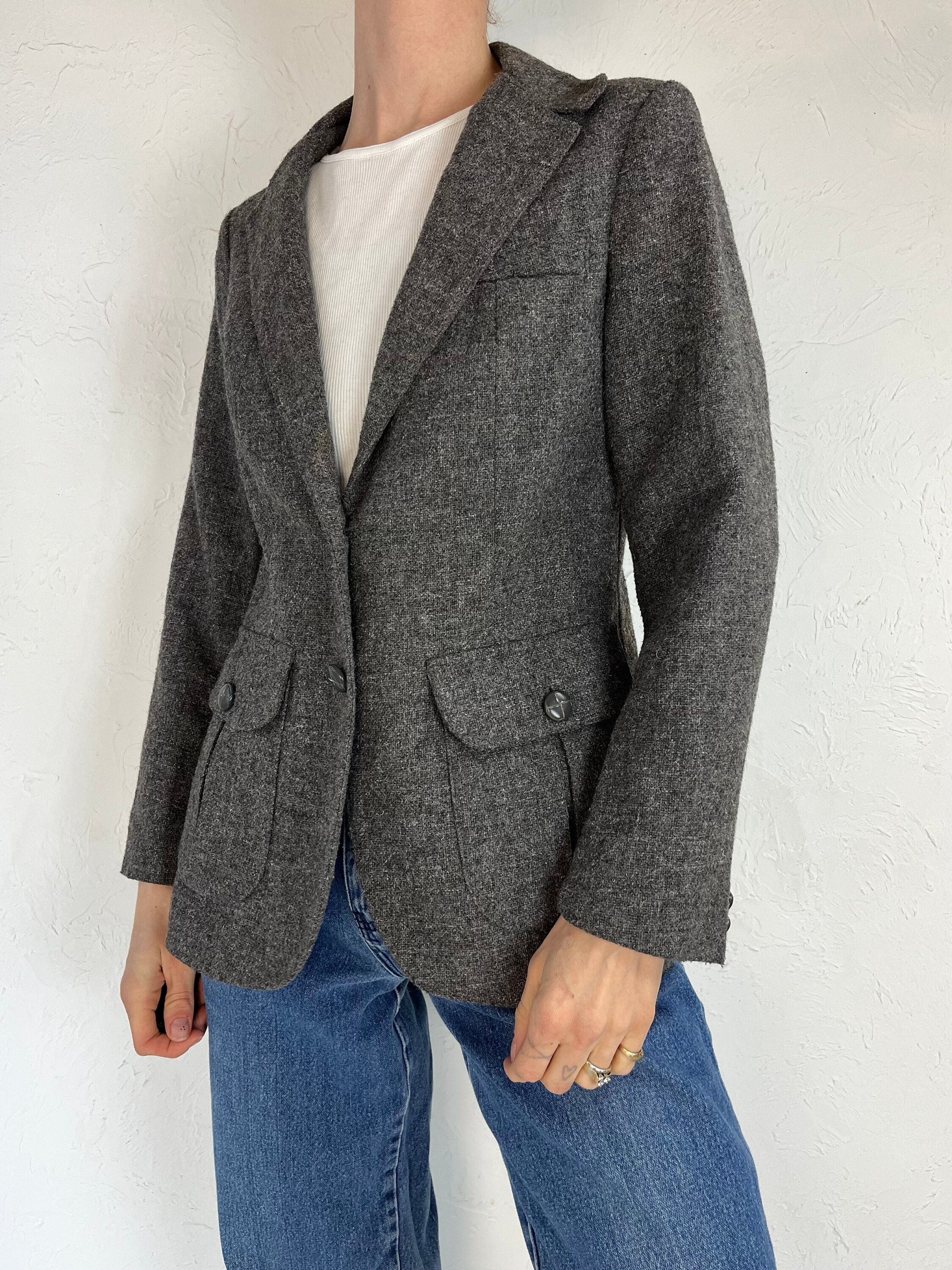 90s rickis Gray Wool Fitted Blazer Jacket Small Etsy UK