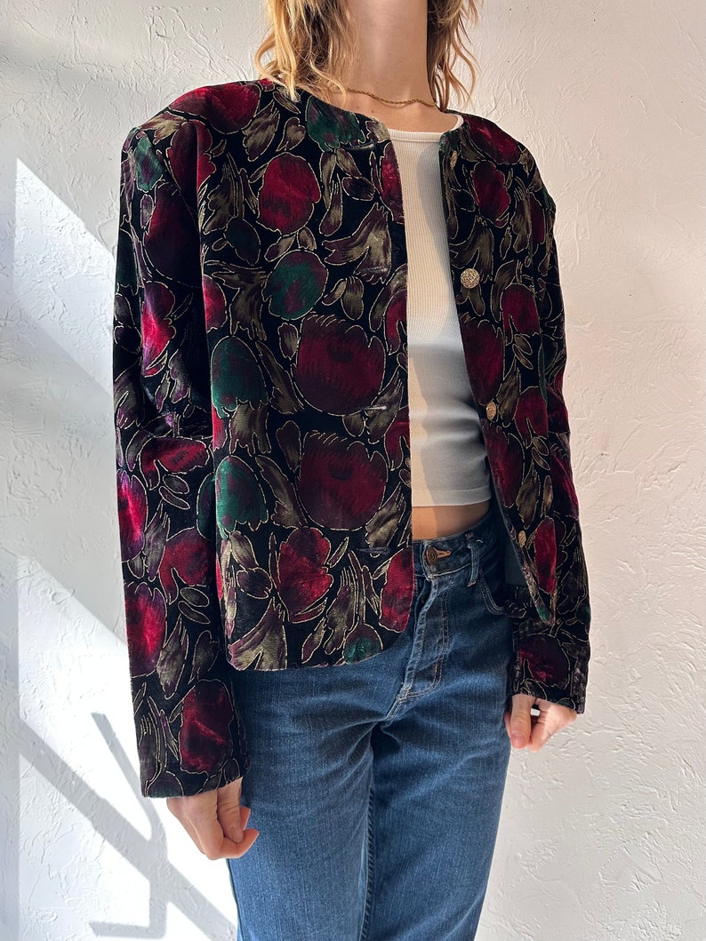 90s 'Alia' Velvet Floral Print Jacket / Large