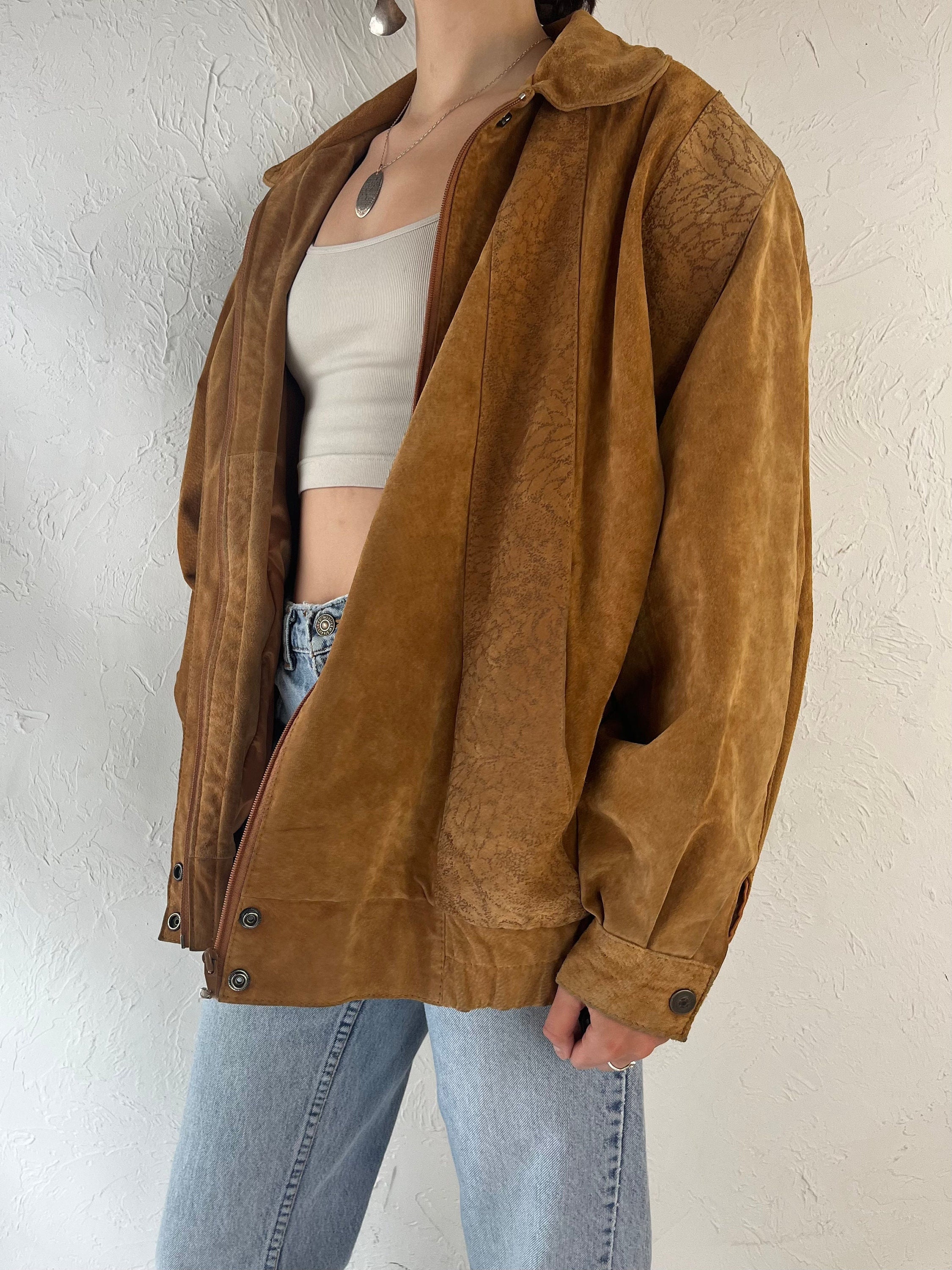 80s 'irene Hill' Tan Suede Leather Bomber Jacket / 