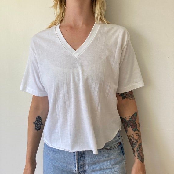 Plain White T Shirt Crop // Paper thin V Neck T //