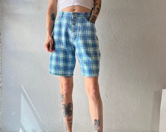 90s 'Gitano' Blue Plaid Denim Shorts / Medium