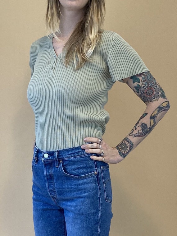 90s ribbed teal t-shirt // vintage V-neck henley t