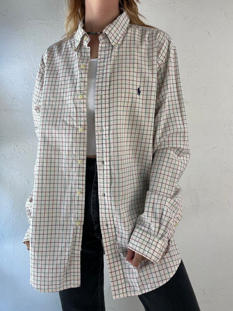 Y2k 'Ralph Lauren' White Check Button Up Mens Dress Shirt / Large image 1