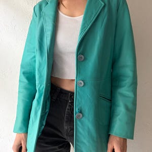 Y2k 'Bernardo' Turquoise Leather Blazer Style Jacket / Vintage 2000s Minimalist Jacket / Small
