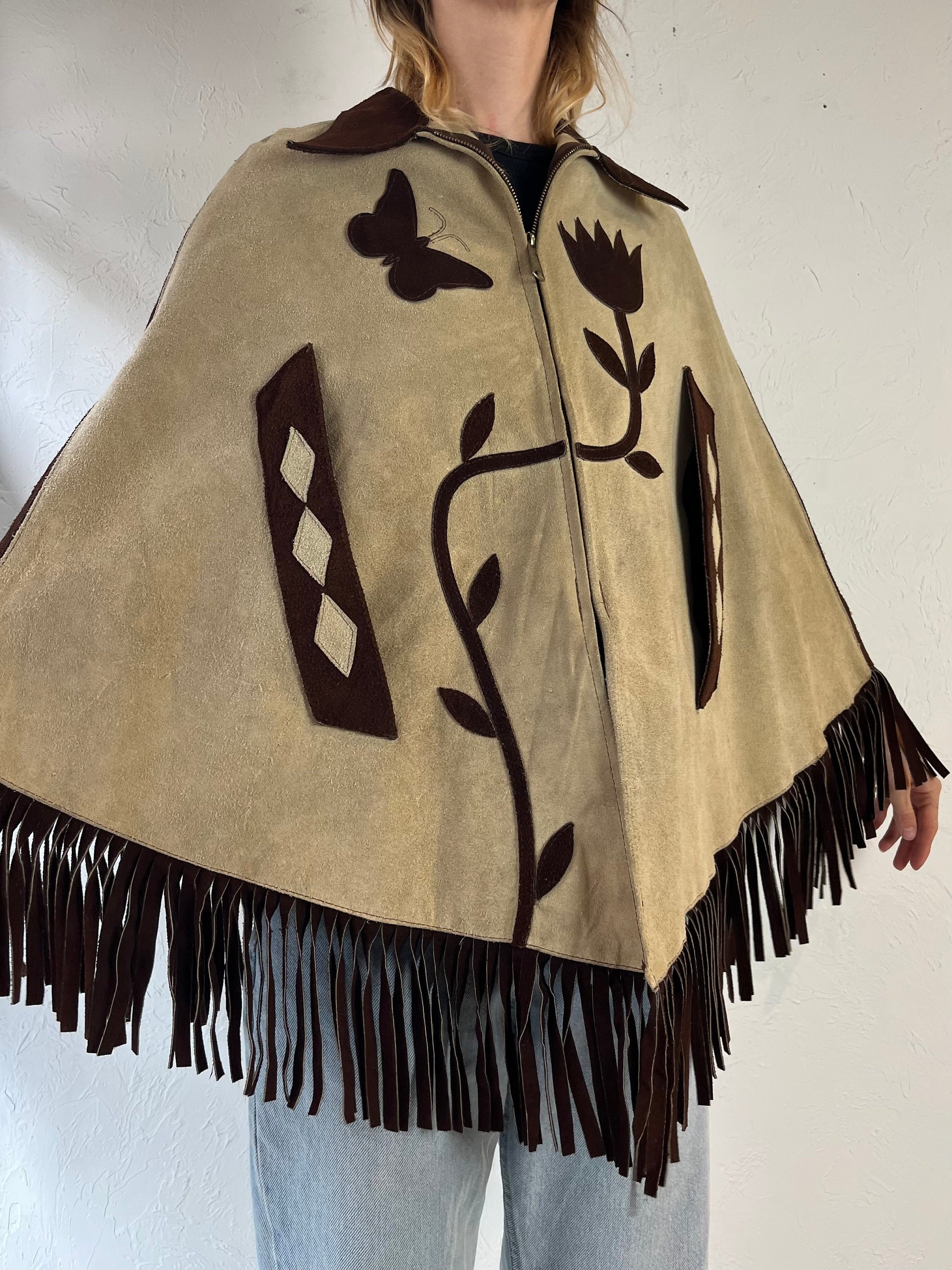 70s Two Tone Suede Fringe Poncho Cape / Small - Etsy