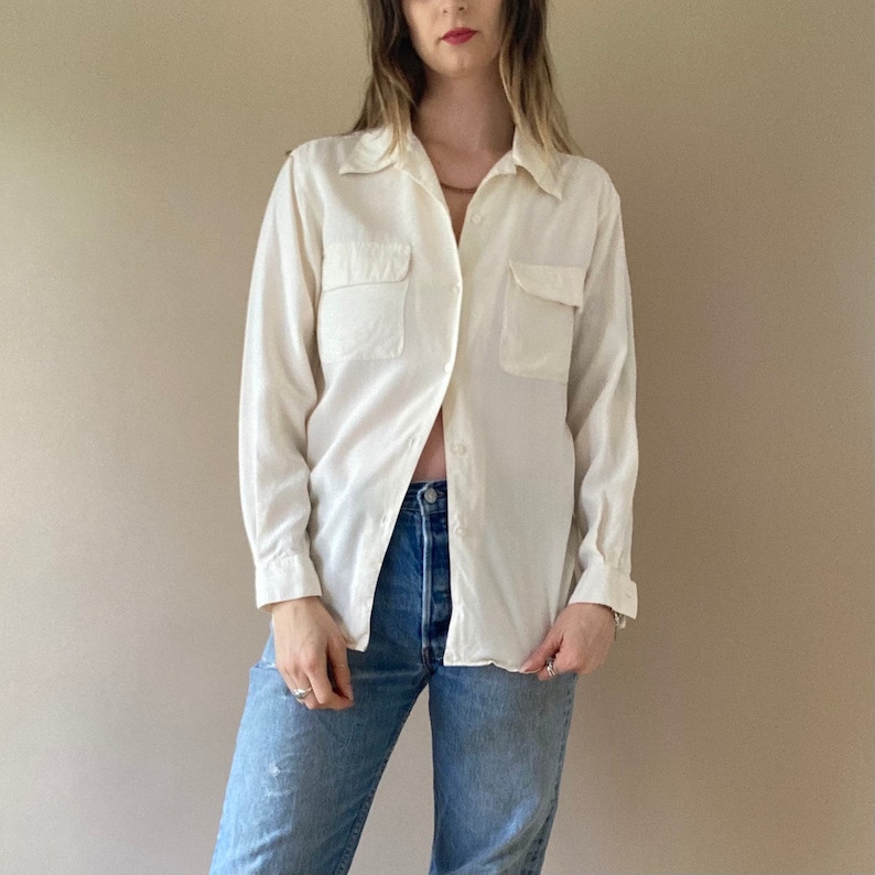 90s Cream Button Up Silk Blouse Small