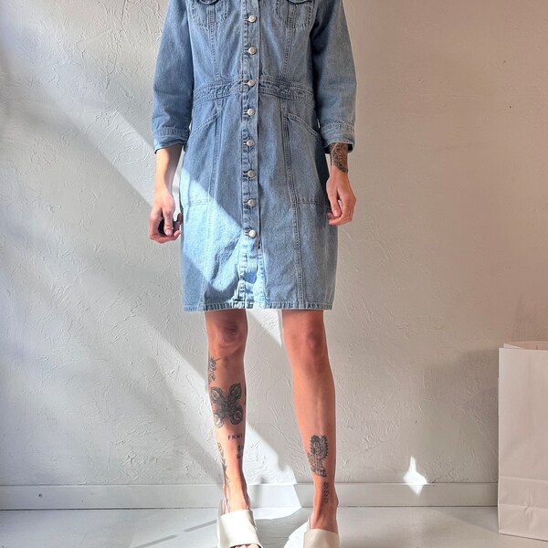 90s 'Faded Glory' Button Up Denim Dress / Medium