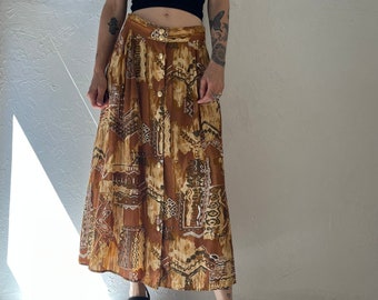 90s 'Casual Corner' Made in USA Brown Abstract Print Button-Up Maxi Skirt / Large