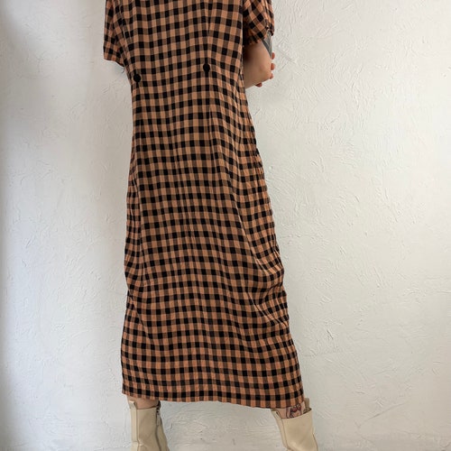 90s 'Dawn Joy Fashions' Brown factory Gingham Dress / Medium