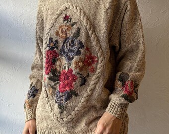 【archive】90s Flower brown knit sweater 90s 'bushwacker' Floral Knit Sweater / Medium - Etsy