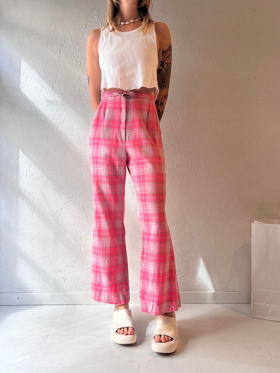 70s Pink Plaid Wool Flare Pants / Small - image 1