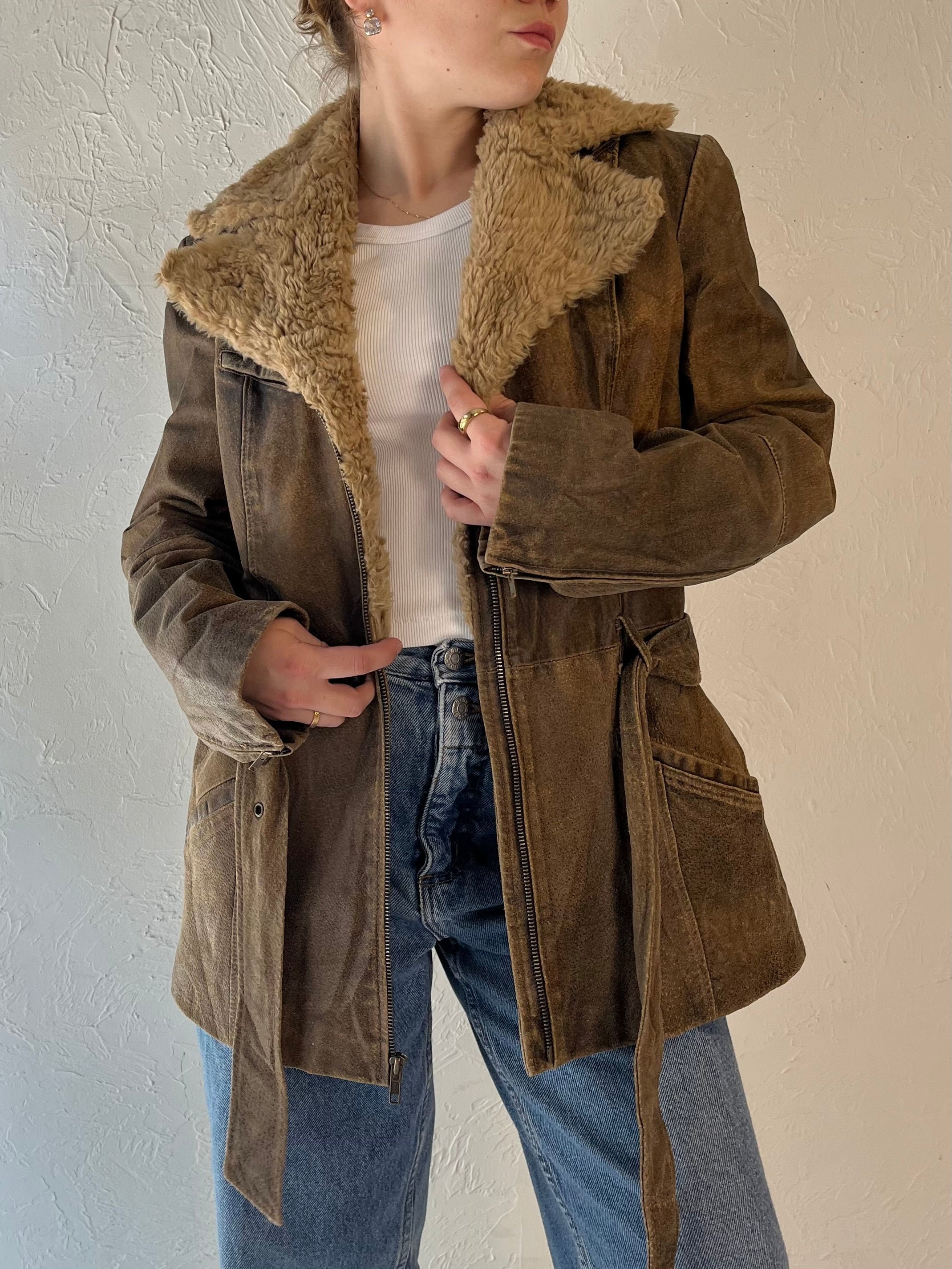 Y2k 'winlit' Brown Leather Jacket With Faux Fur Trim / Small - Etsy
