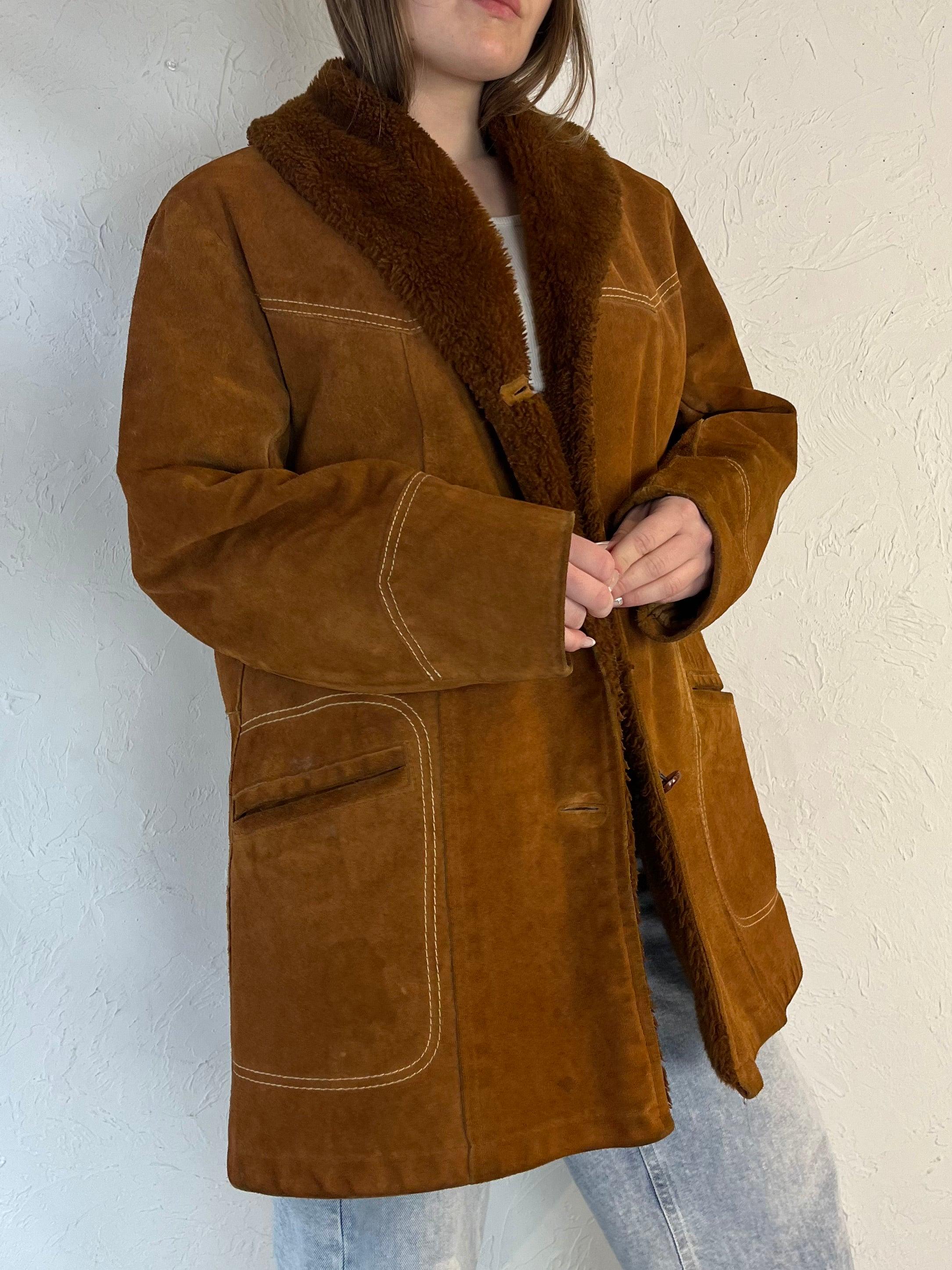 80s 'pioneer Wear' Tan Faux Fur Lined Suede Jacket / Medium