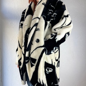 80s 'Donny Brook' Faux Fur Art Deco Picasso Black and White Faces Coat / One Size image 7
