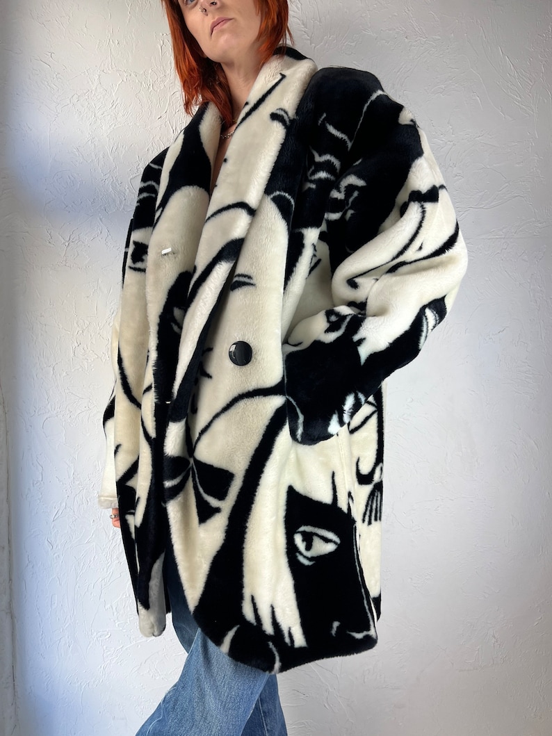 80s 'Donny Brook' Faux Fur Art Deco Picasso Black and White Faces Coat / One Size image 7