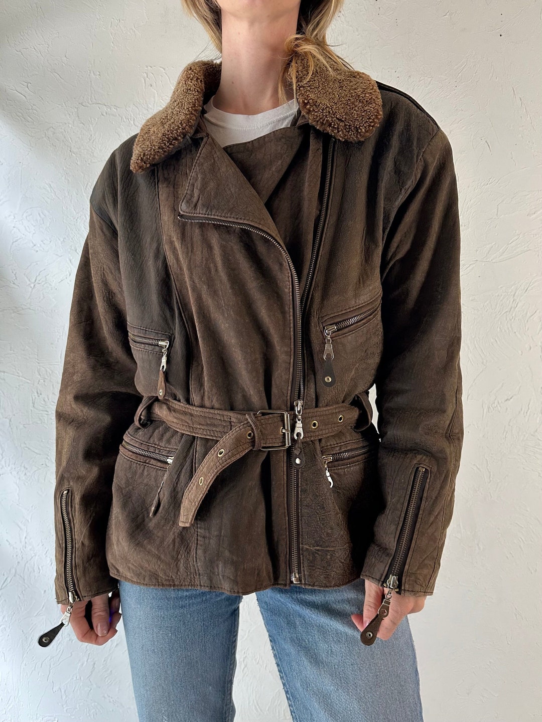 Vintage Brown Suede Coat with Leather Trim