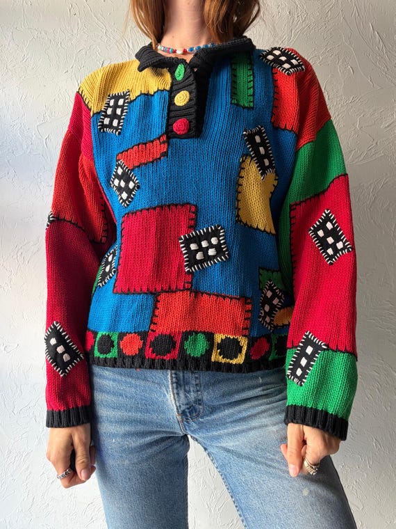 90s 'RIR' Color Block Cotton Sweater / Small