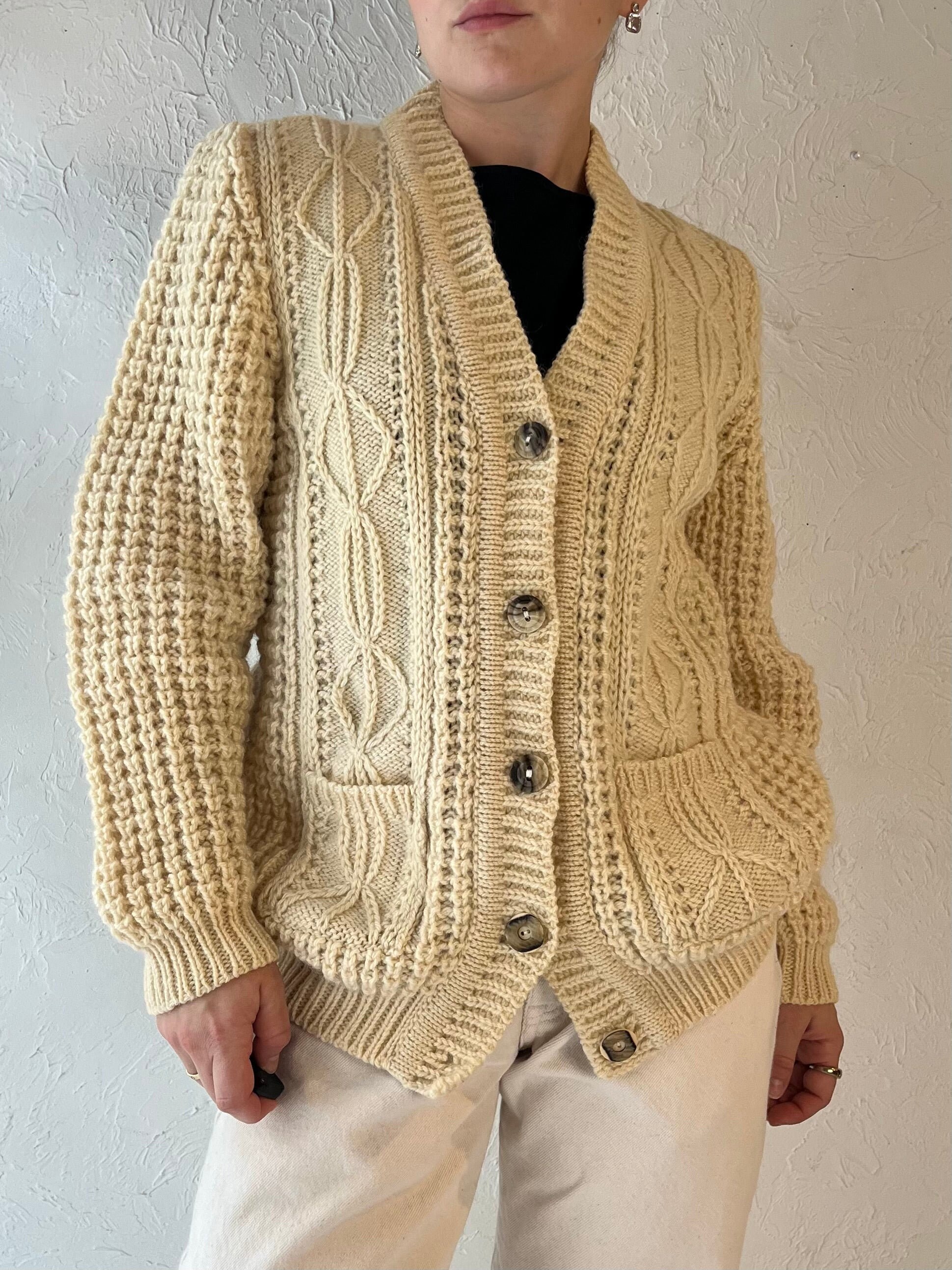 Vintage 'gaeltarra' Cream Cable Knit Wool Fishermans Cardigan