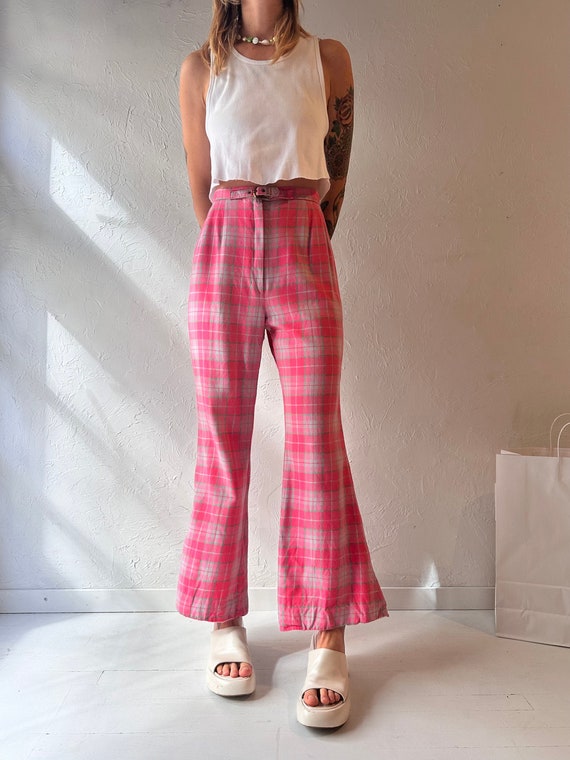 70s Pink Plaid Wool Flare Pants / Small - image 4