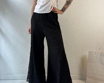 Pantalones acampanados de encaje negro «Riviera Robes» de los años 70 / Talla grande