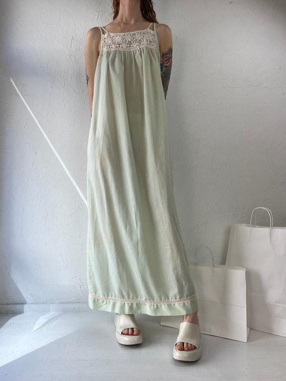 Vintage 70s Pastel Green Crochet Hippie Maxi Dress / Small