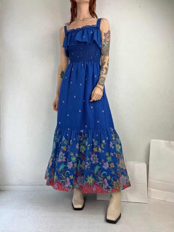 70s Blue Floral Print Peasant Dress Small Etsy Canada