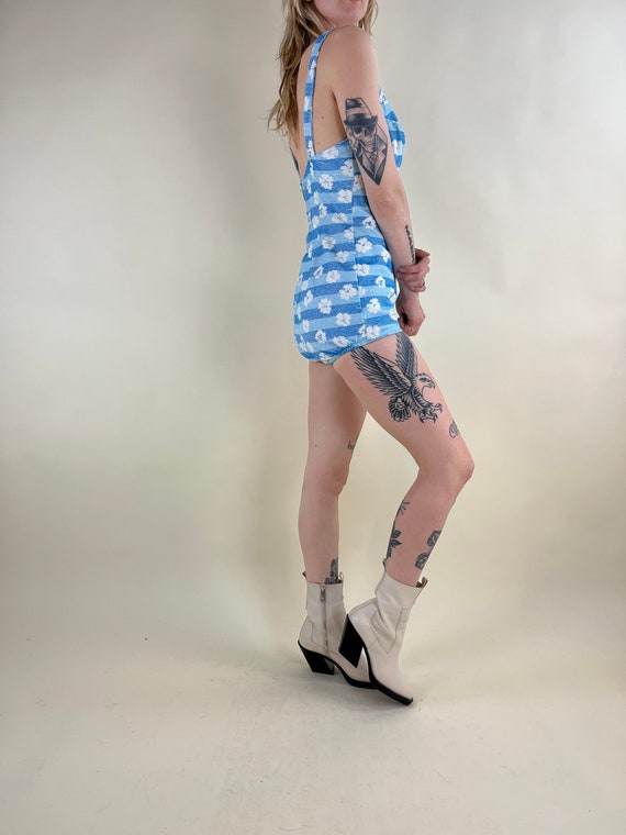 60s 70s Blue Floral Playsuit Swimsuit - image 5