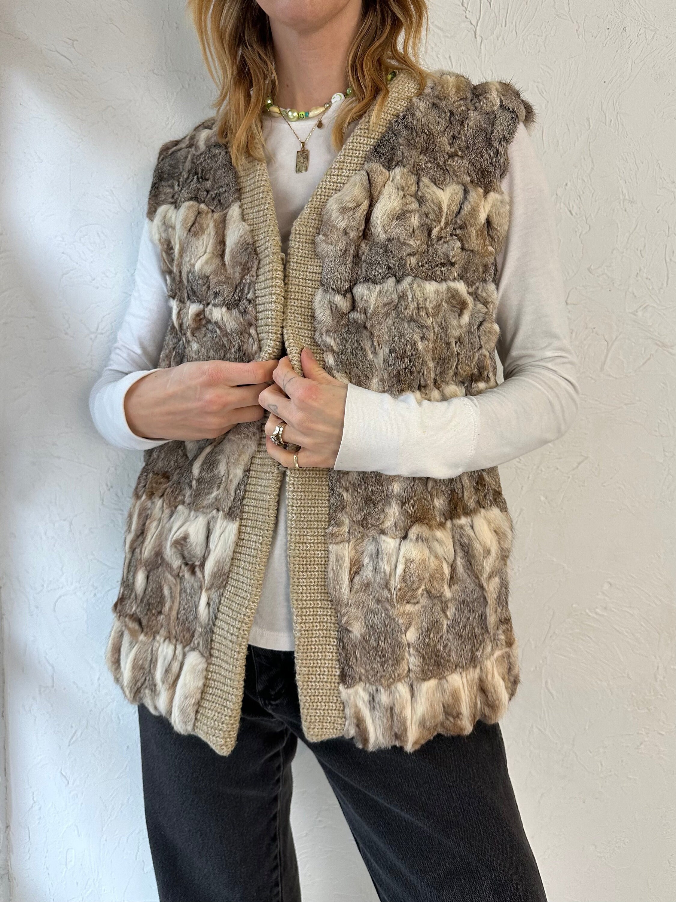 ジャケット・アウター deadstock vintage rabbitfur leather vest rabbit-fur-vest-with-hood-